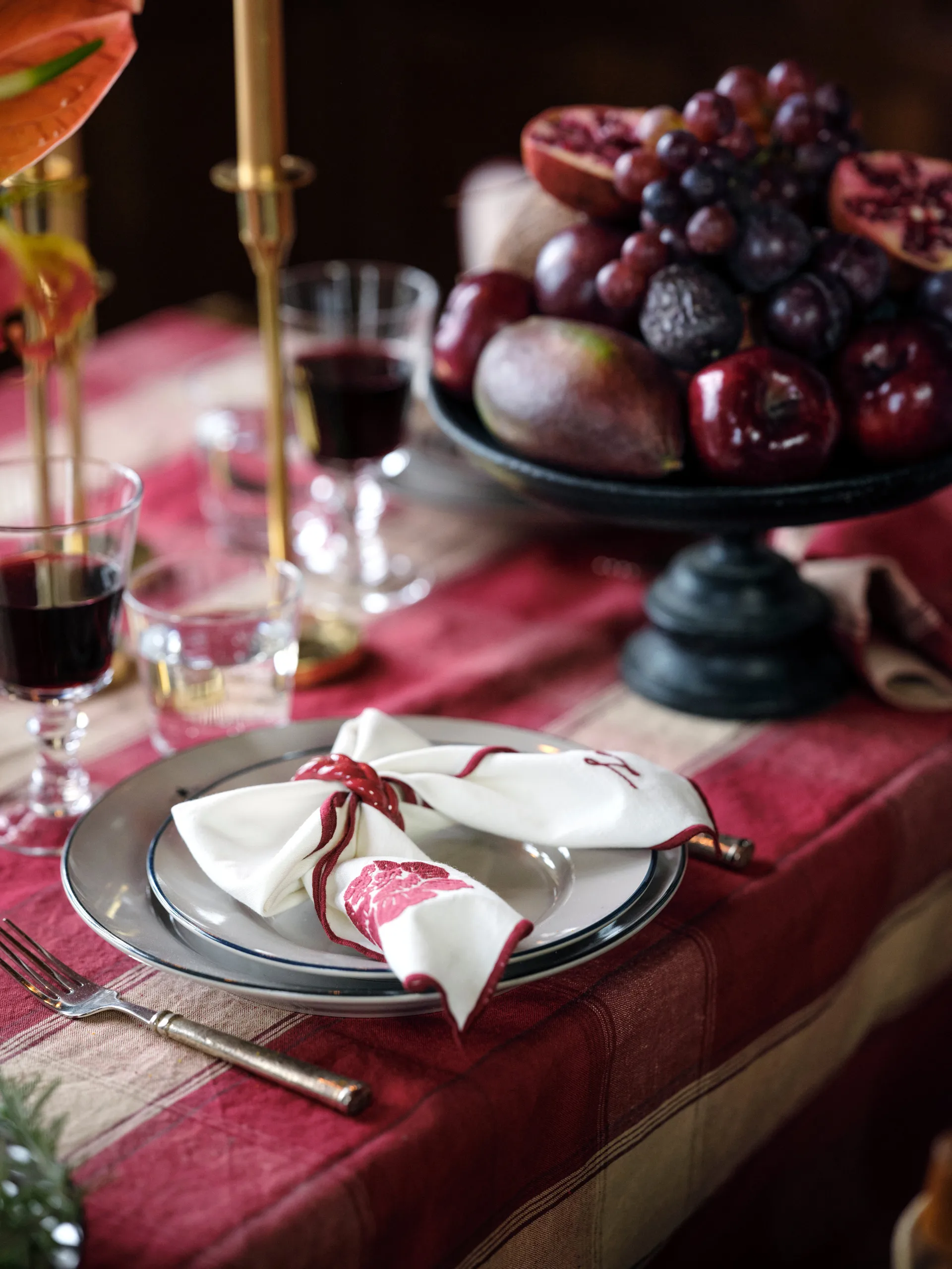 Checked Linen-Cotton Serviette 50x50 cm, Weiß-Rot Lexington