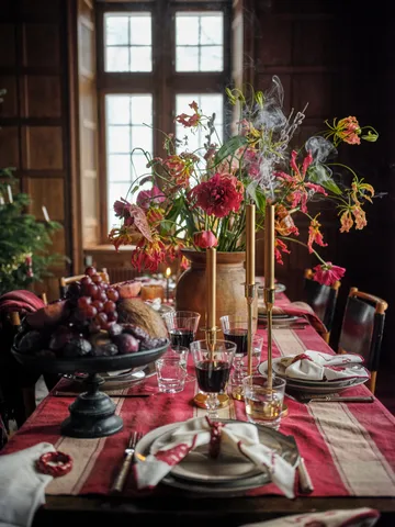 Checked Linen-Cotton Tischtuch 150x350 cm - Rot-Beige - Lexington