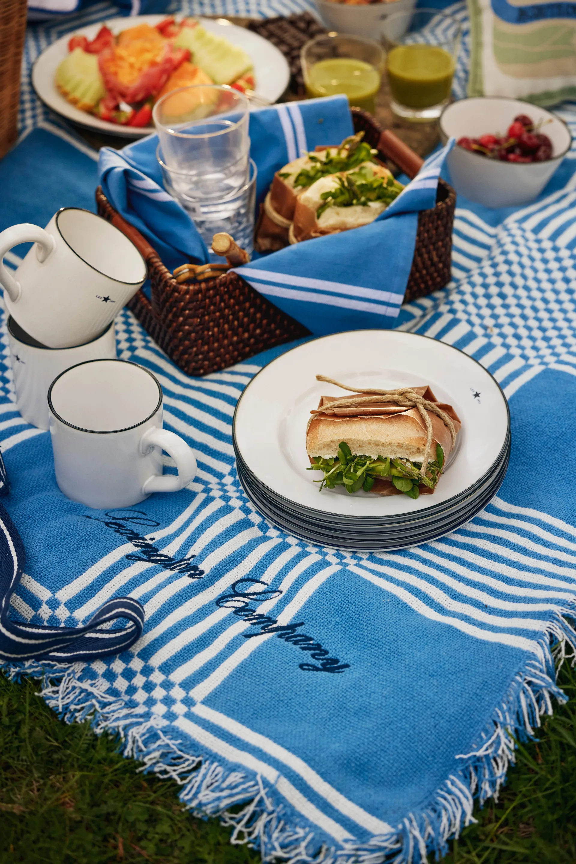 Checked Recycled Cotton Picknickdecke 150x150 cm, Blue Lexington