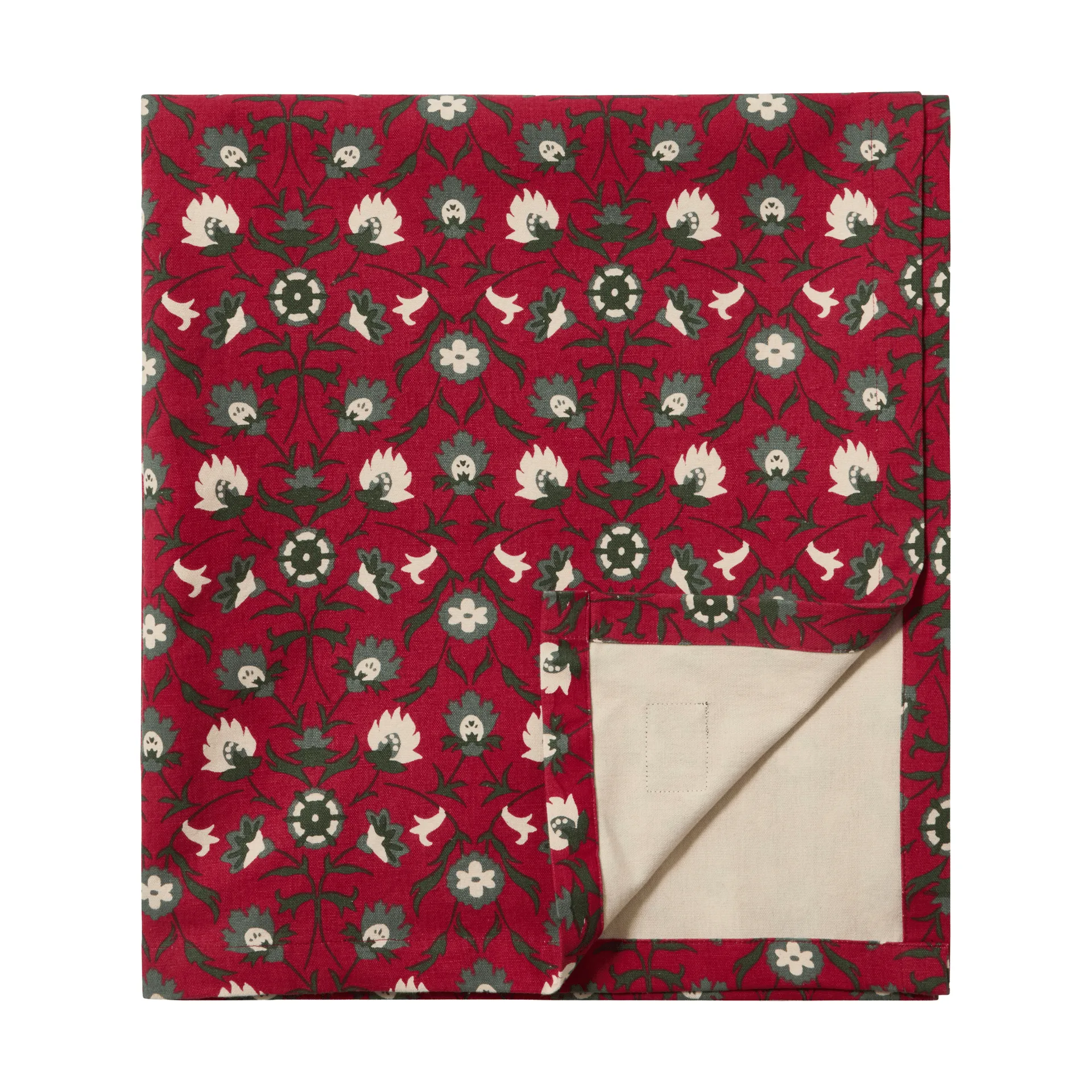 Flower Print Bio-Baumwolle Tischdecke, Rot-Beige-Grün, 150x250 cm Lexington