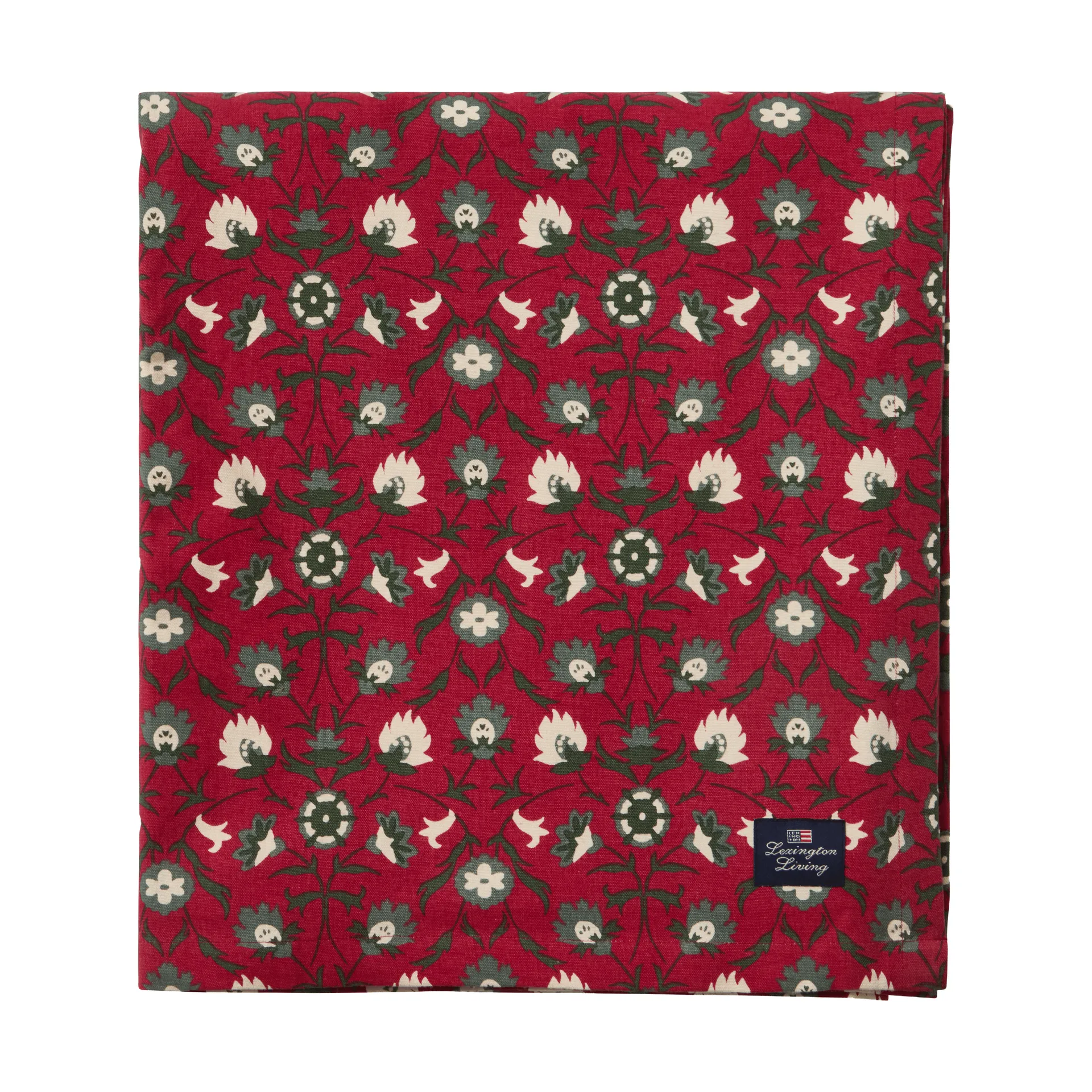 Flower Print Bio-Baumwolle Tischdecke, Rot-Beige-Grün, 150x350 cm Lexington
