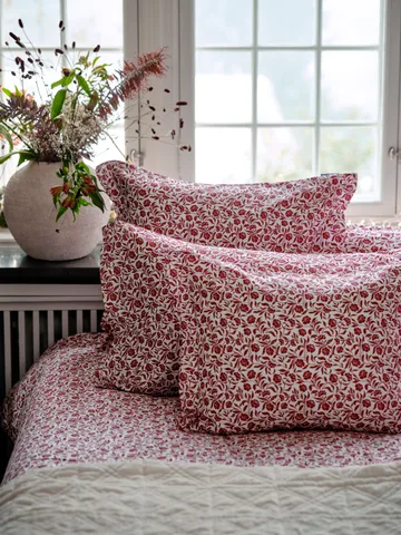 Flower Printed Cotton Satin Bettwäsche-Set - Weiß-Rot - Lexington