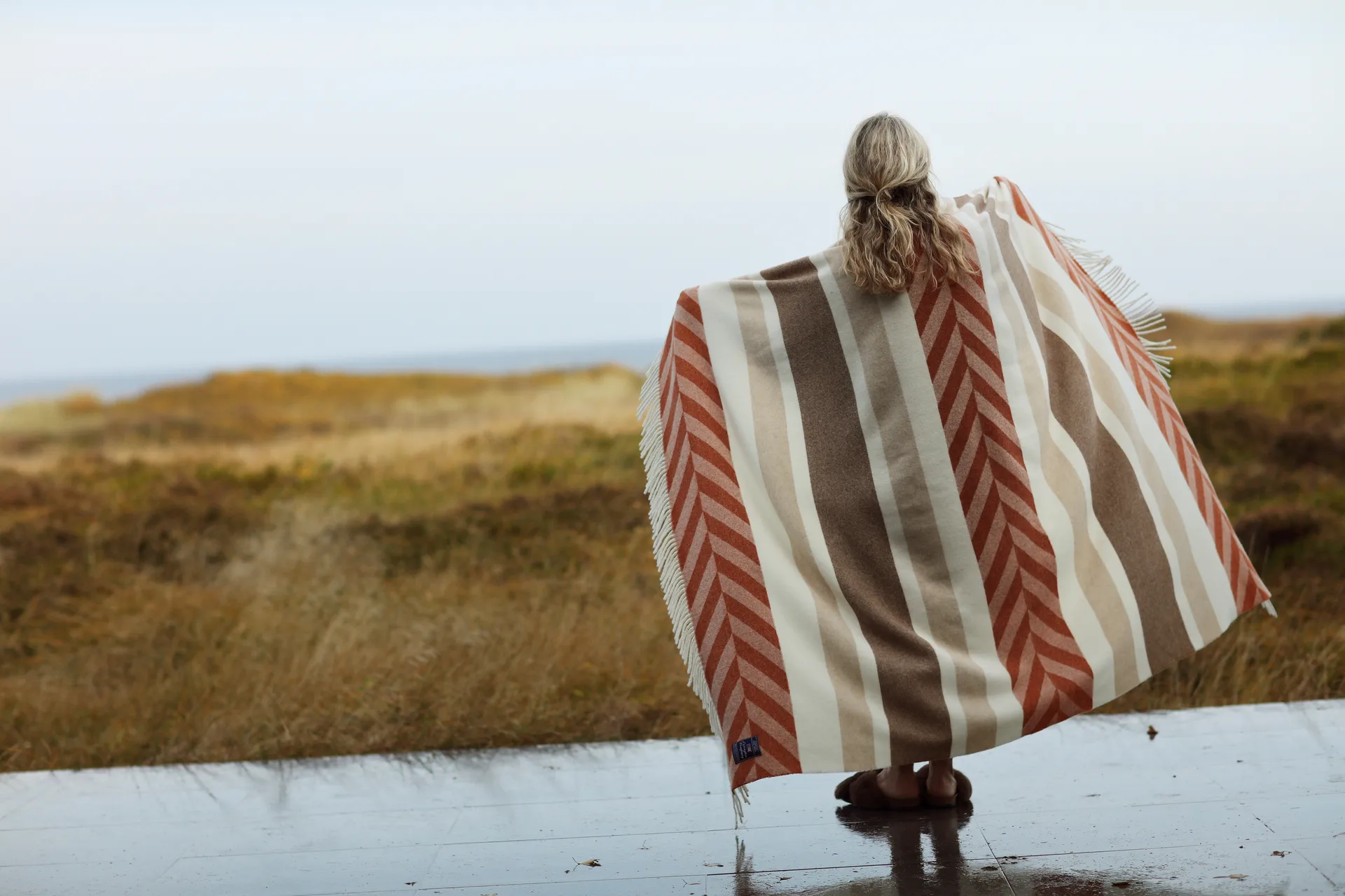 Herringbone Striped Recycled Wool Wolldecke 130 x 170cm, Copper-brown Lexington