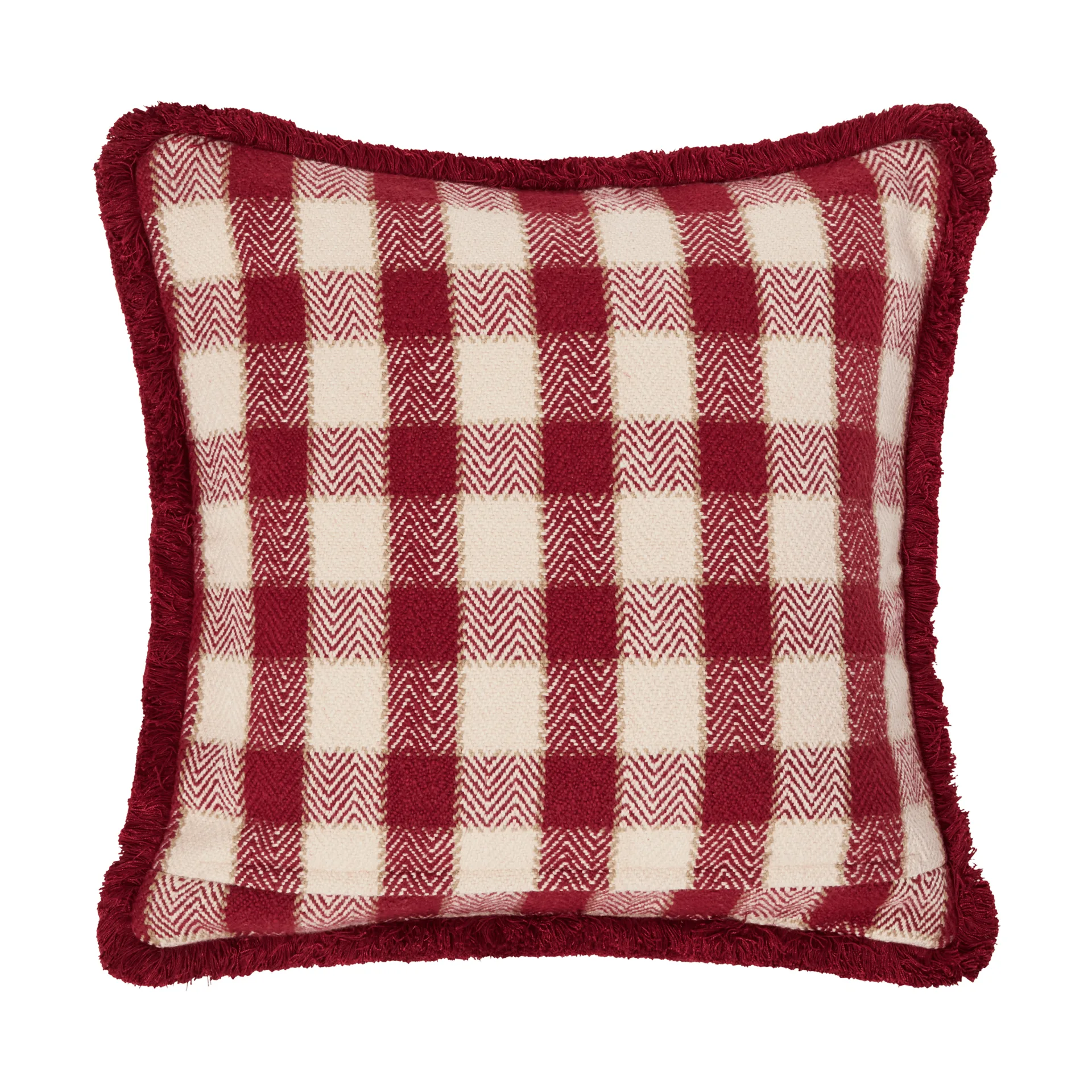 Kariertes Kissenbezug aus Bio-Baumwolle mit Fransen, Rot-Hellbeige-Beige Lexington