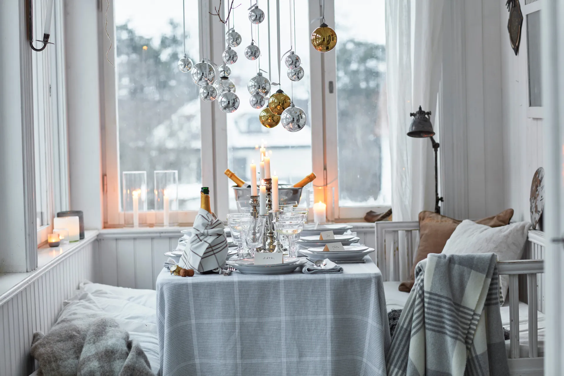 Pepita Check Cotton Linen Tischdecke 150 x 350cm, White-light gray Lexington