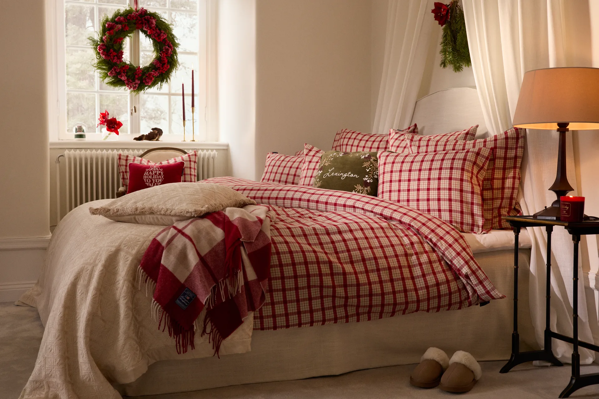 Red-beige Checked Plaid aus recycelter Wolle 130x170 cm, Red-beige Lexington