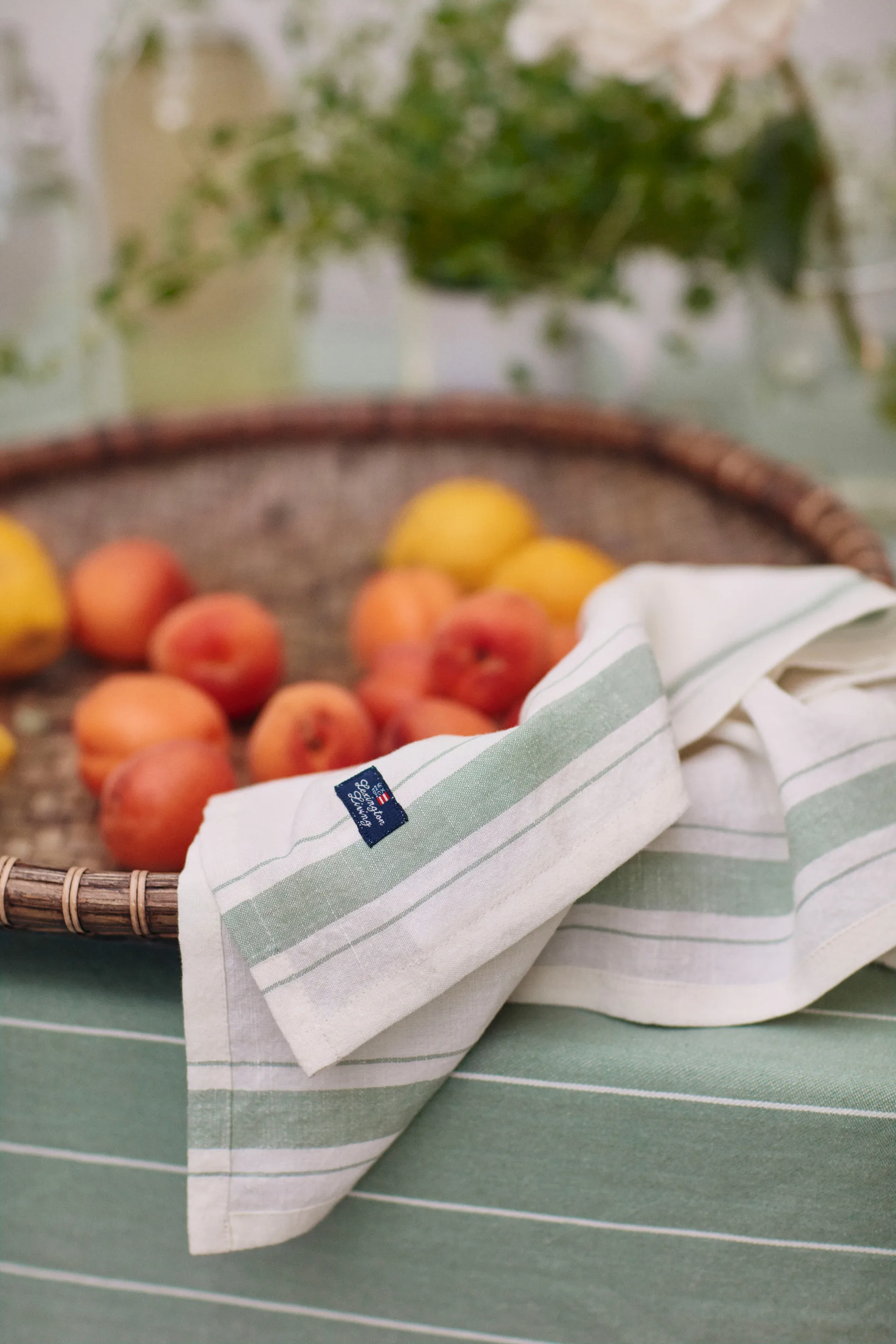 Side striped organic cotton Serviette 50 x 50cm, White-green Lexington