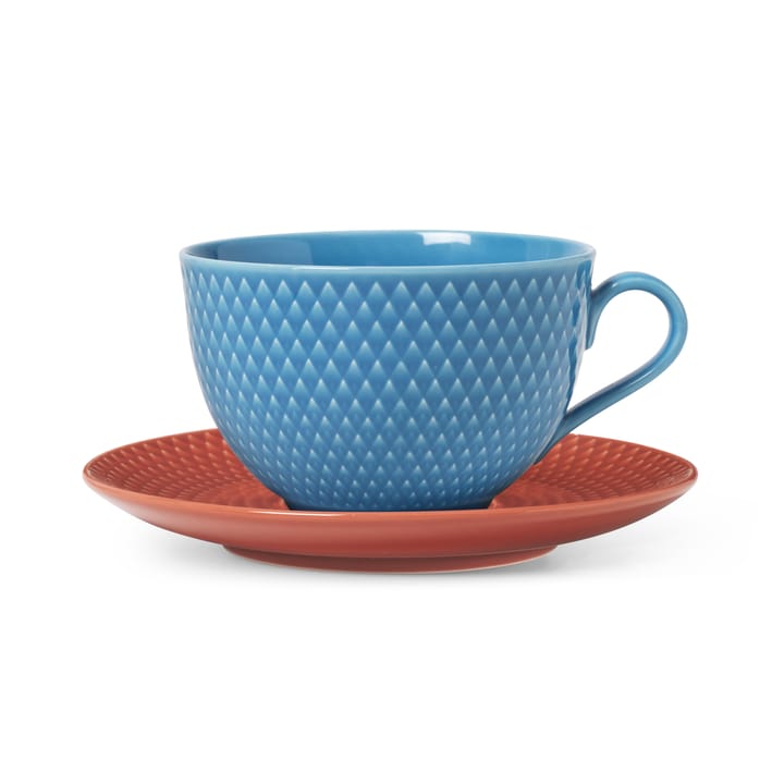 Rhombe Teetasse mit Untersetzer - Blau-terracotta - Lyngby Porcelæn