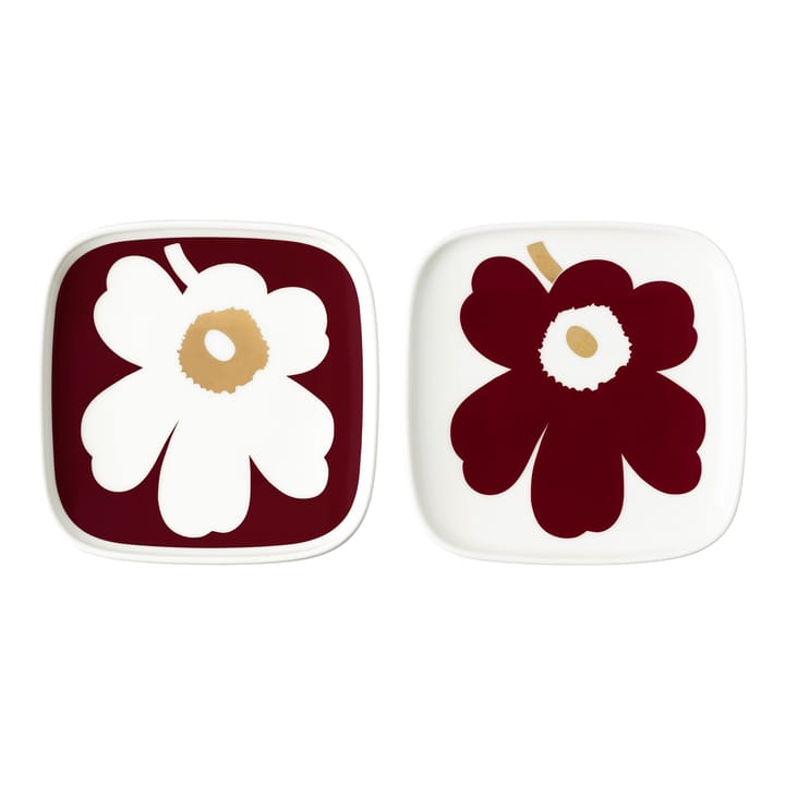 Juhla Unikko Teller 10 x 10cm 2er Pack, Weiß-weinrot-gold Marimekko