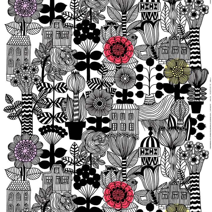 Lintukoto Stoff, Weiß-schwarz-gelb Marimekko