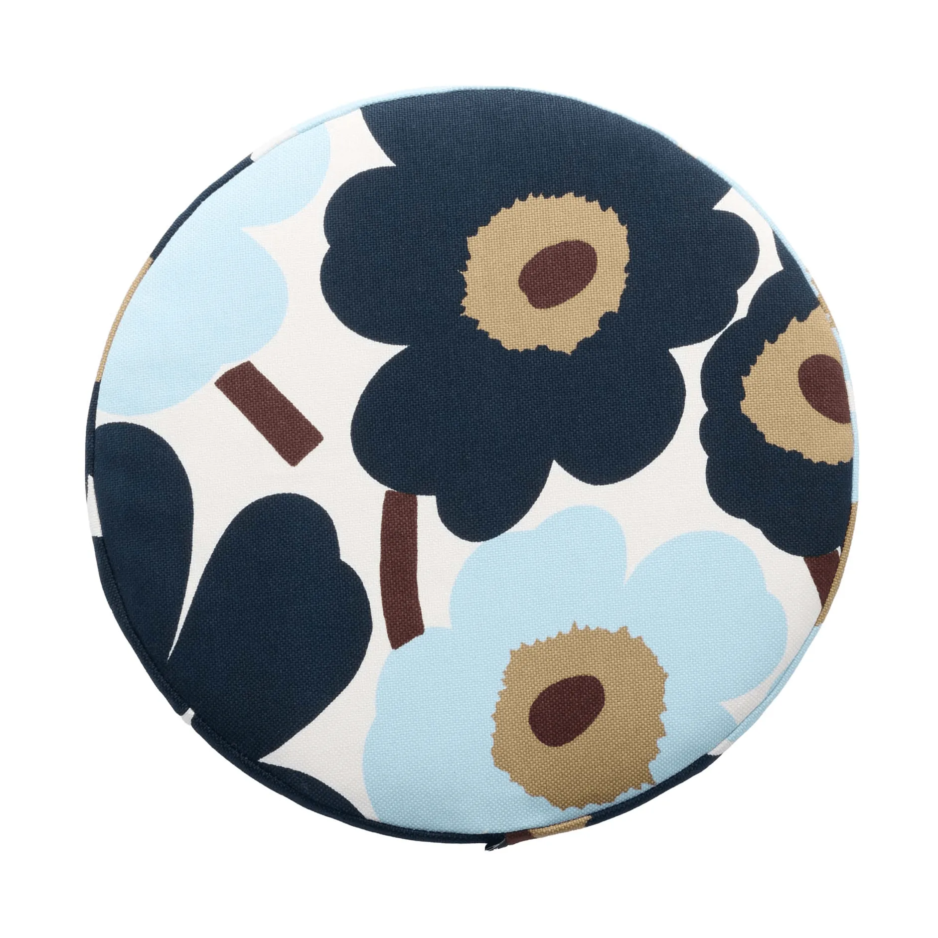 Pieni unikko runde Sitzauflage, Weiß-blueberry-cold blue-Dunkelbraun Marimekko