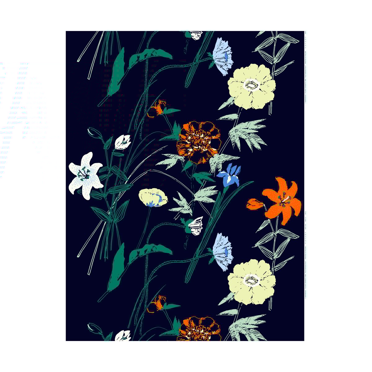 Marimekko Puutarhakutsut Baumwollstoff Navy-green-sitrone-orange