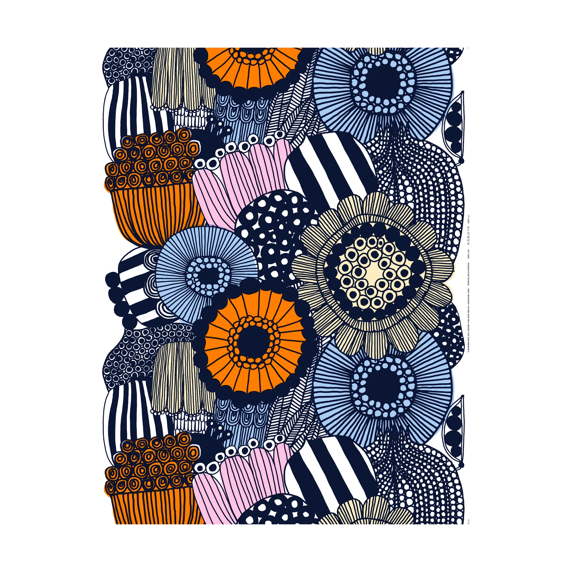 Siirtolapuutarha Stoff, White-yellow-orange-light blue Marimekko
