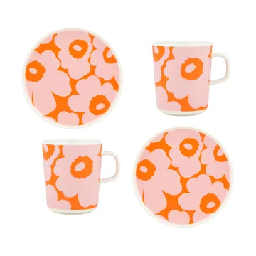 Unikko Frühstücksset - White-pink-orange, 4 delar - Marimekko