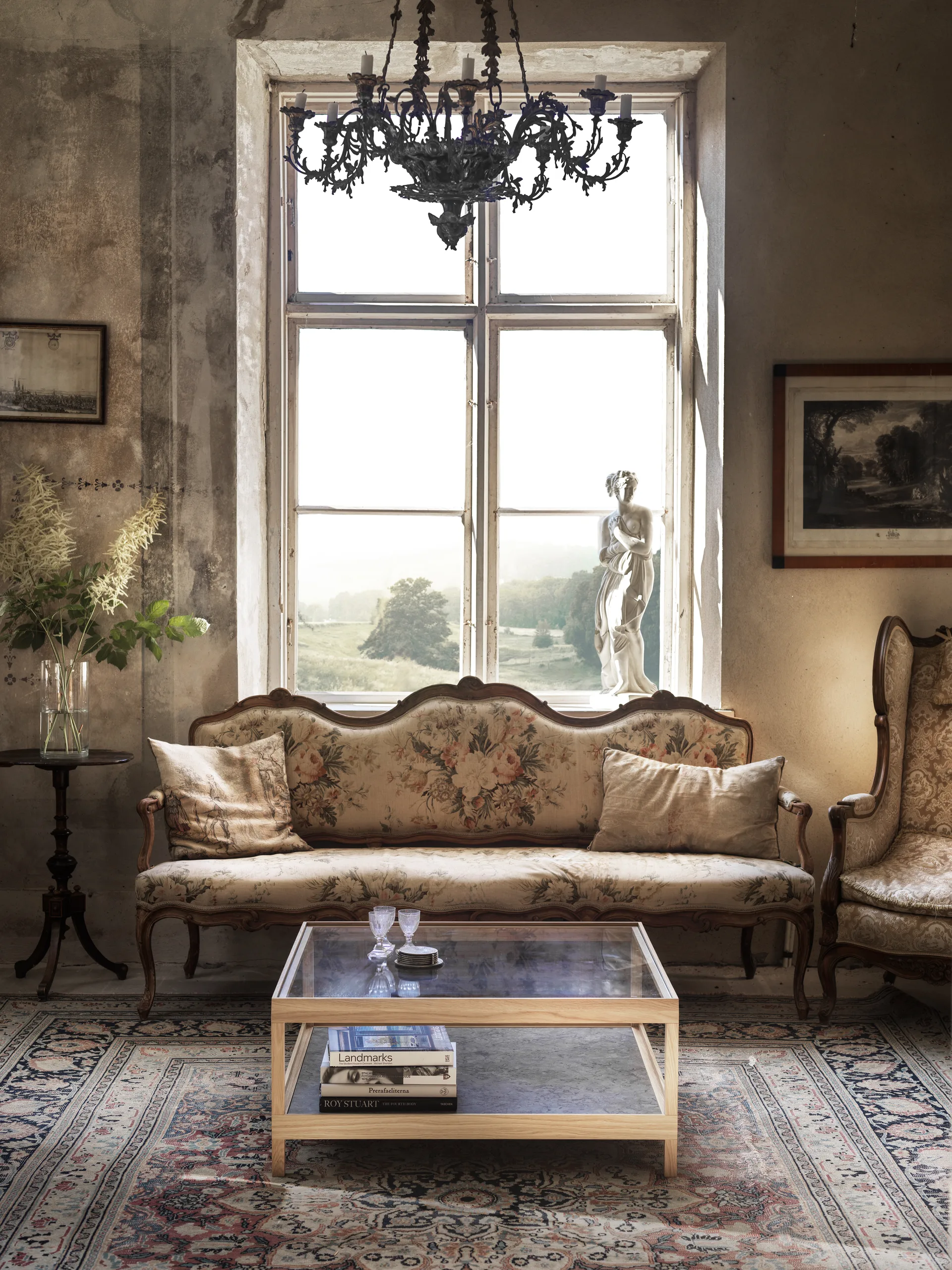 Ima Couchtisch 90x90 cm, Weißpig. matt lackierte Eiche, Kalkstein Mavis