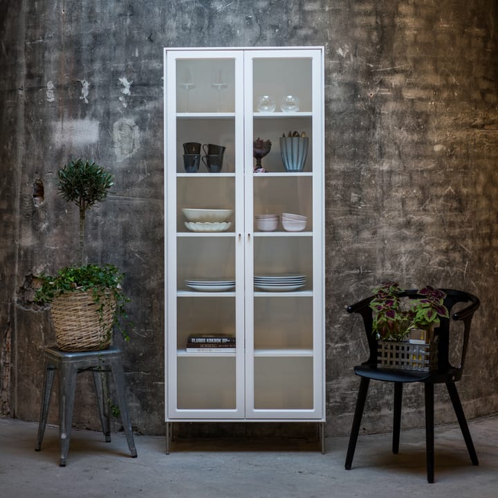 Volt Vitrinenschrank 190 cm weißlack, Details aus rostfreiem Stahl Mavis