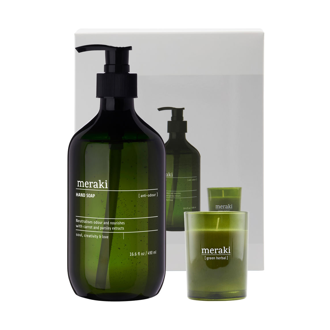 Meraki Meraki Geschenkset Handseife und Duftkerze Anti-Geruch-Green Herbal