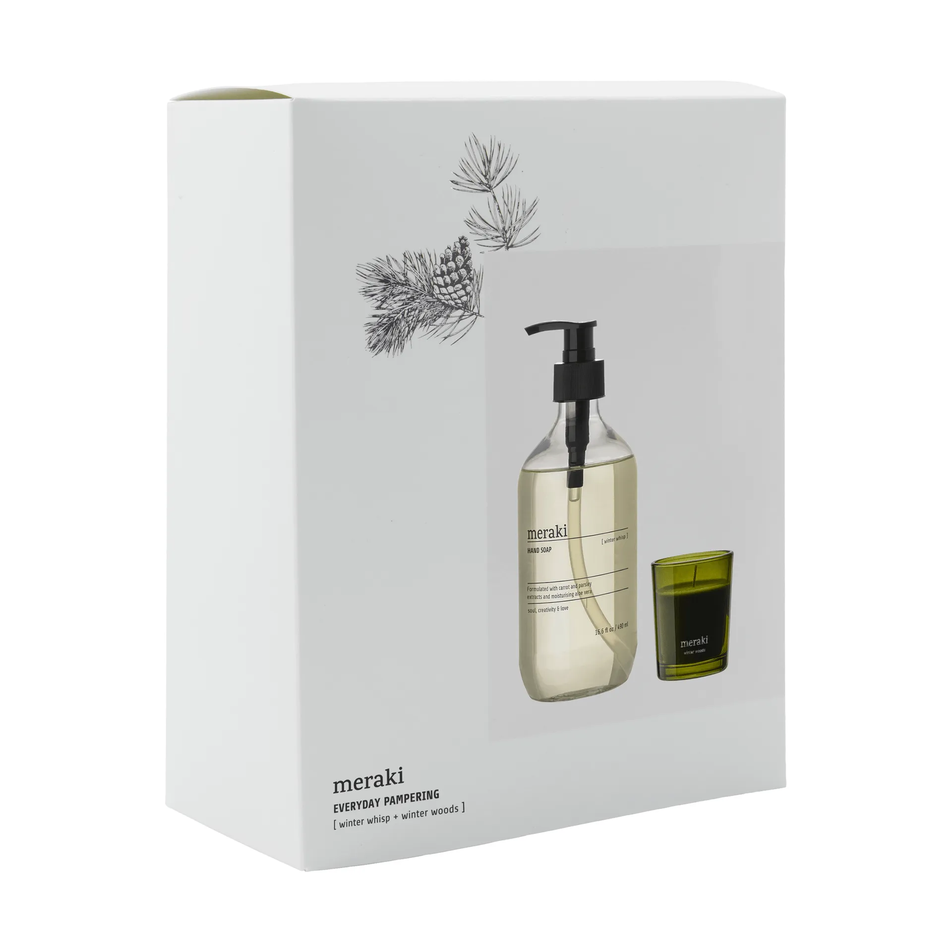 Meraki Geschenkset Handseife und Duftkerze, Winter whisp, winter woods Meraki