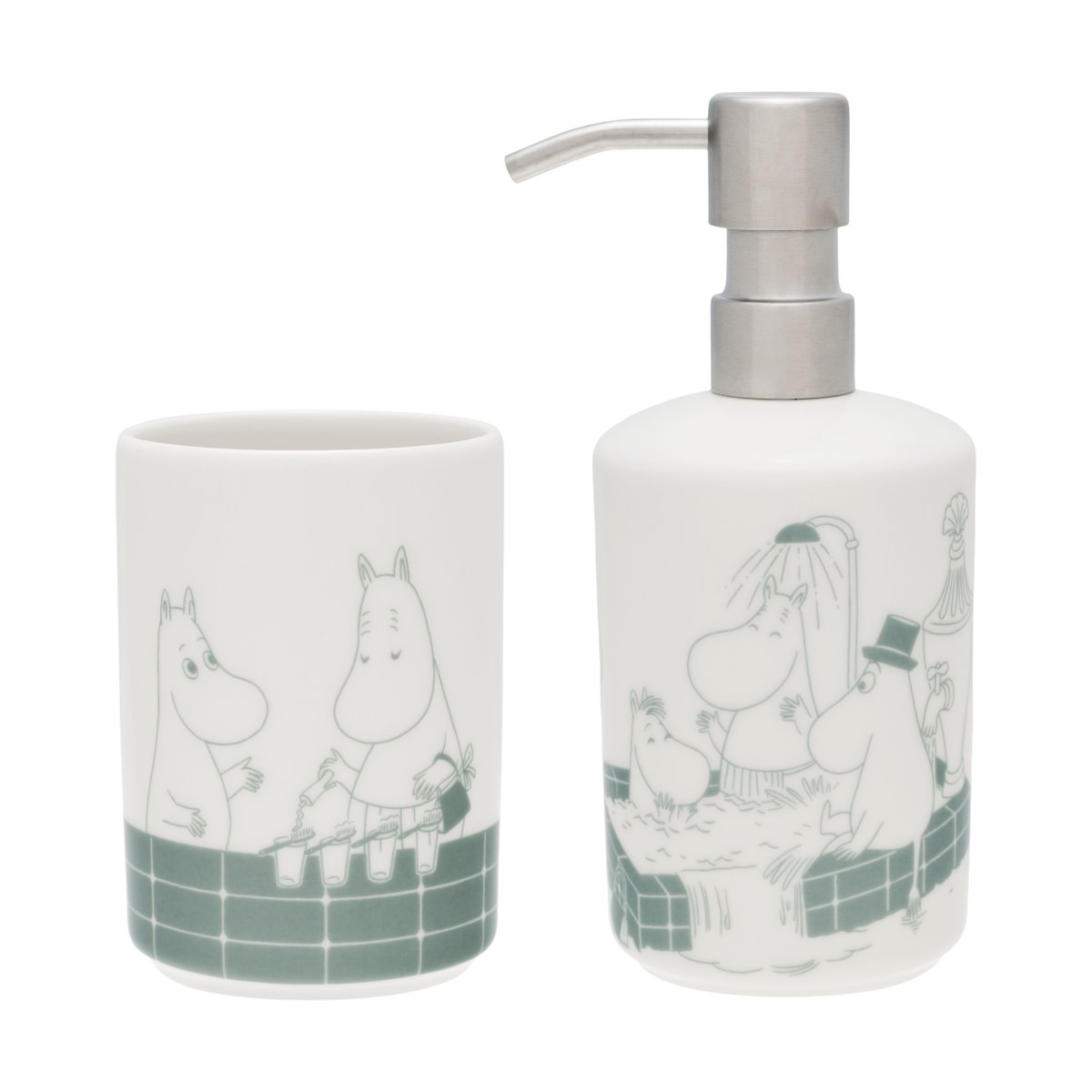 Moomin Arabia Mumin Seifenspender und Zahnbürstenhalter Badezeit grün-weiß