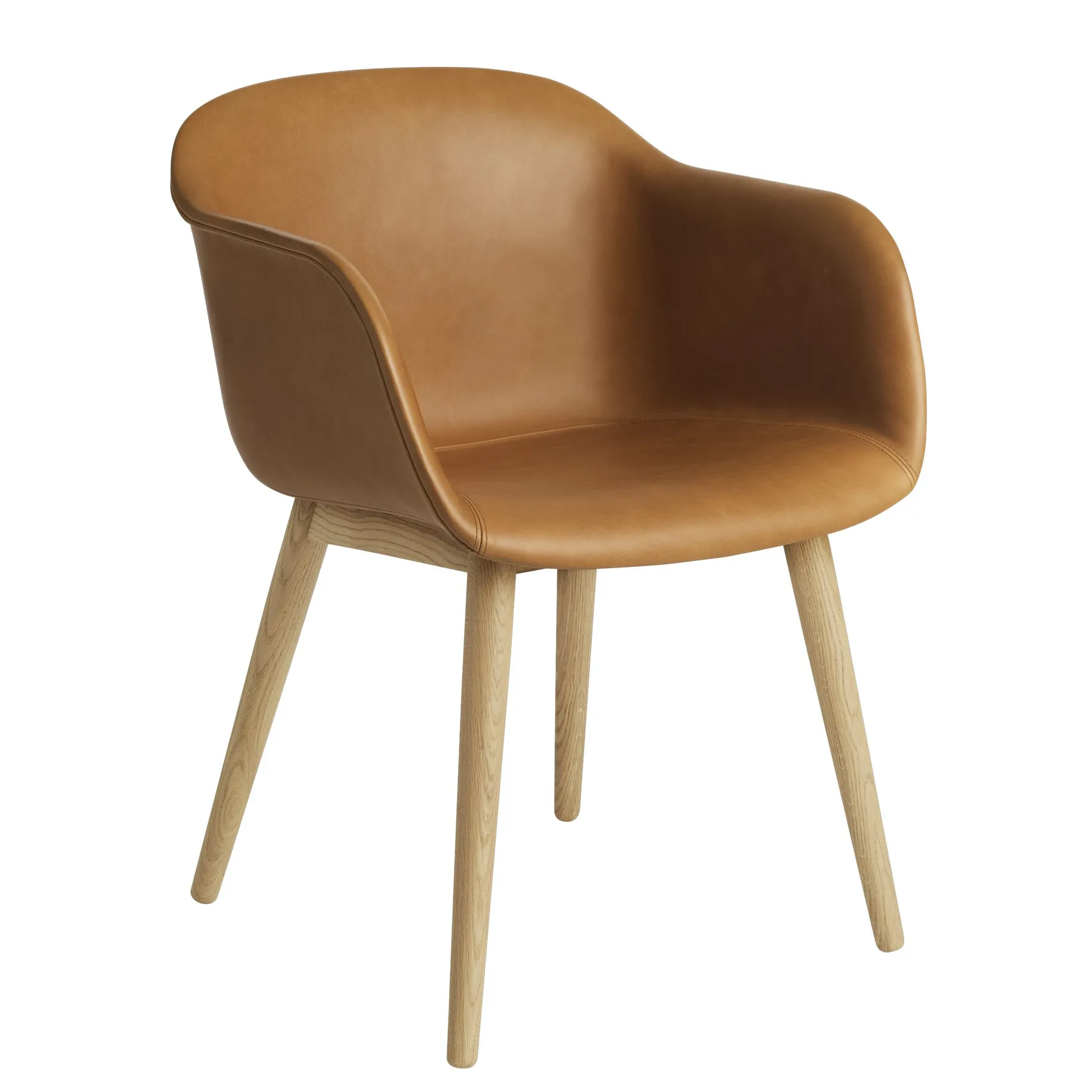 Fiber Chair Stuhl mit Armlehnen und Holzbeinen, Cognac leather-oak Muuto