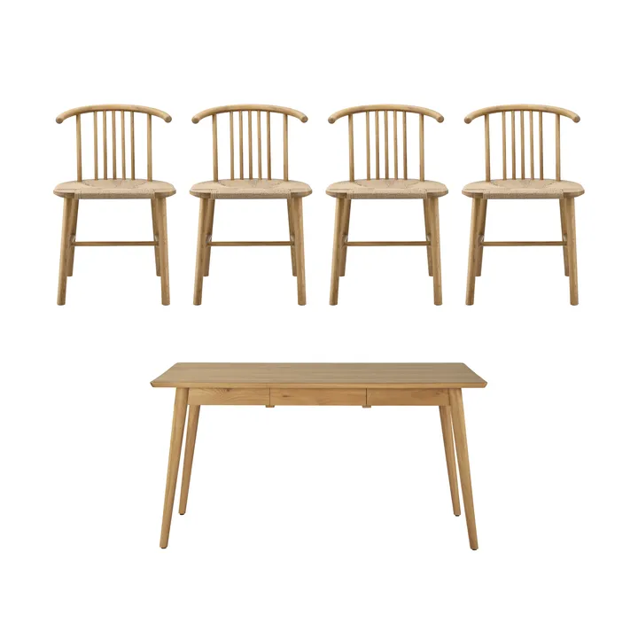 VIOR Esstisch 120 cm + Stuhl 4‑Pack – Lackierte Eiche‑Natur - NJRD