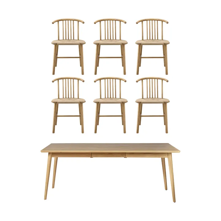 VIOR Esstisch 200 cm + Stuhl 6‑er‑Pack – Lackierte Eiche‑Natur - NJRD