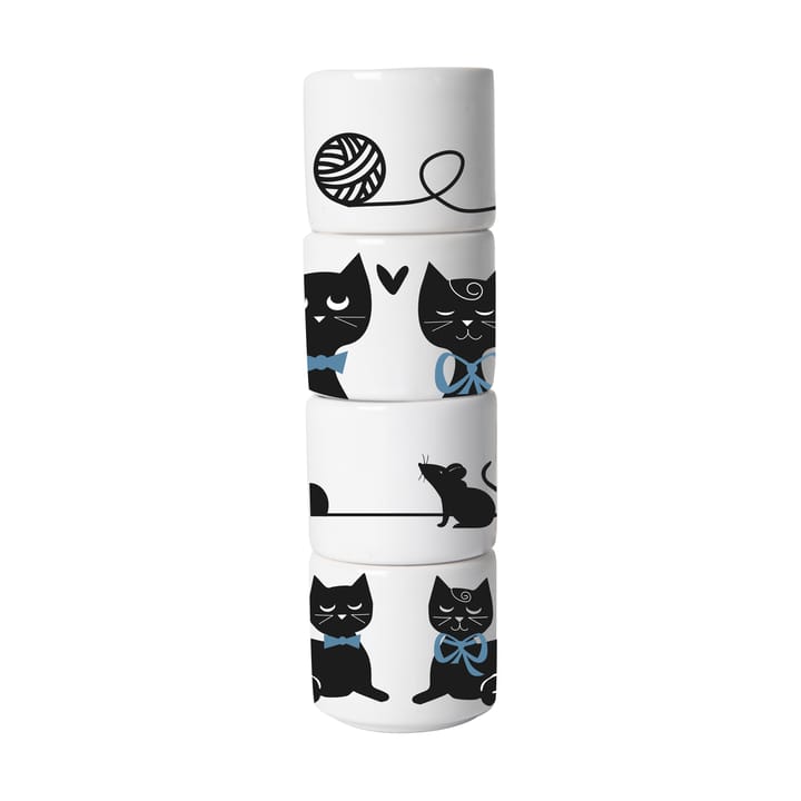 Katzenfamilie Eierbecher 4 Teile - Weiß-Schwarz-Blau - Pluto Design