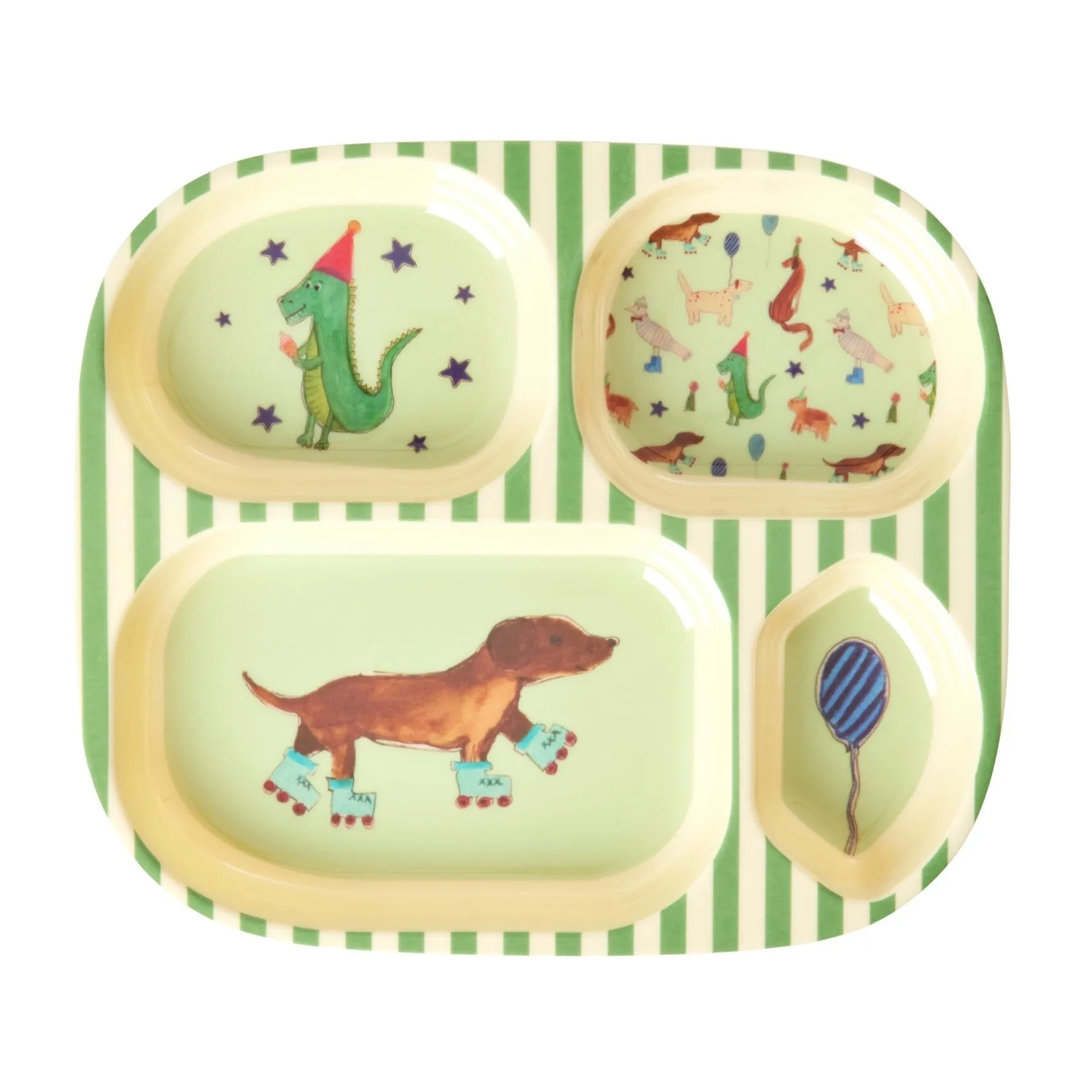 Rice Kinderteller Melamin 4 Fächer, Animal print-green RICE