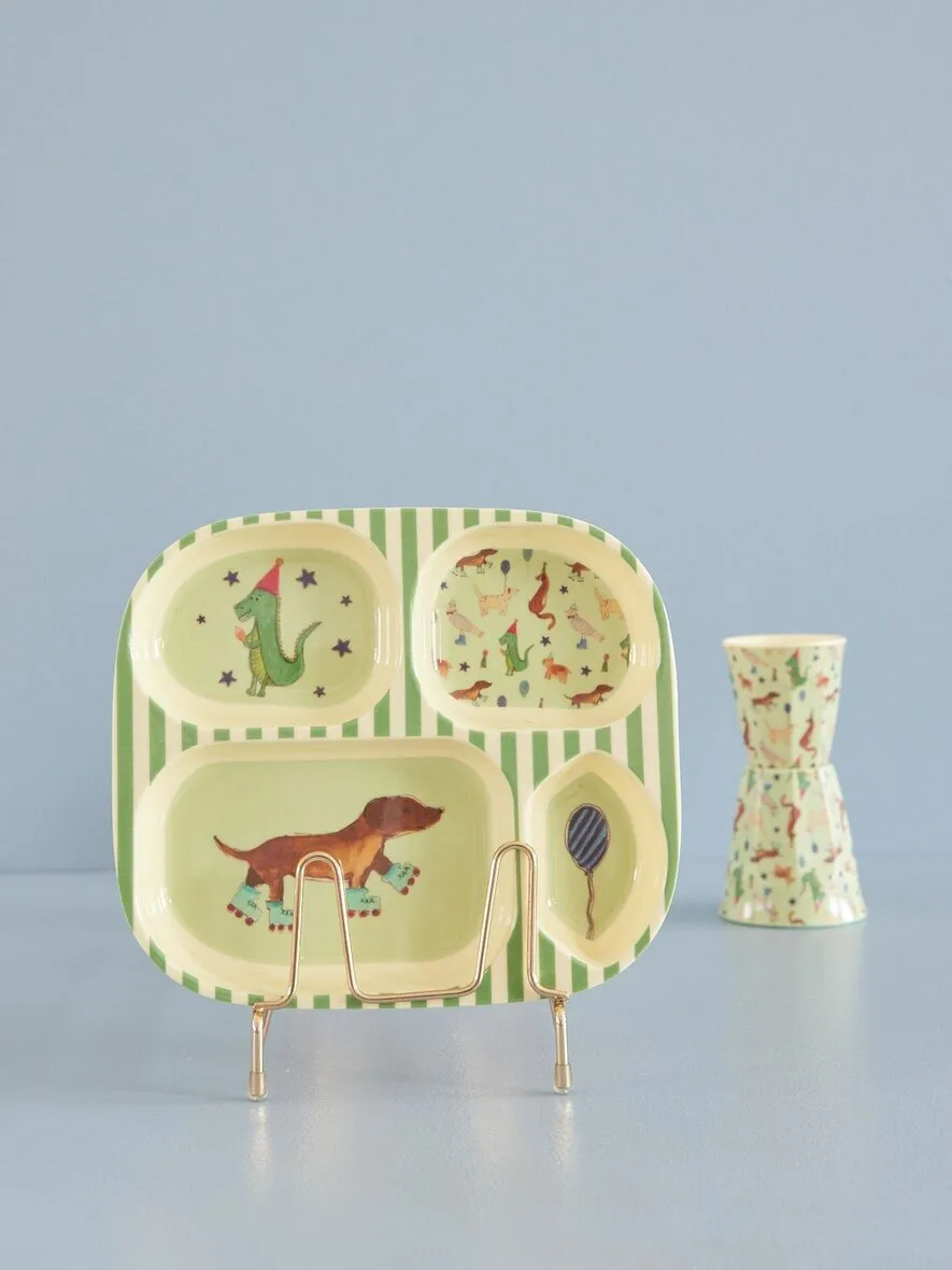 Rice Kinderteller Melamin 4 Fächer, Animal print-green RICE