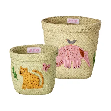 Rice Raffia Aufbewahrungskorb rund 2 Teile - Animal Embroidery-Pink-orange - RICE