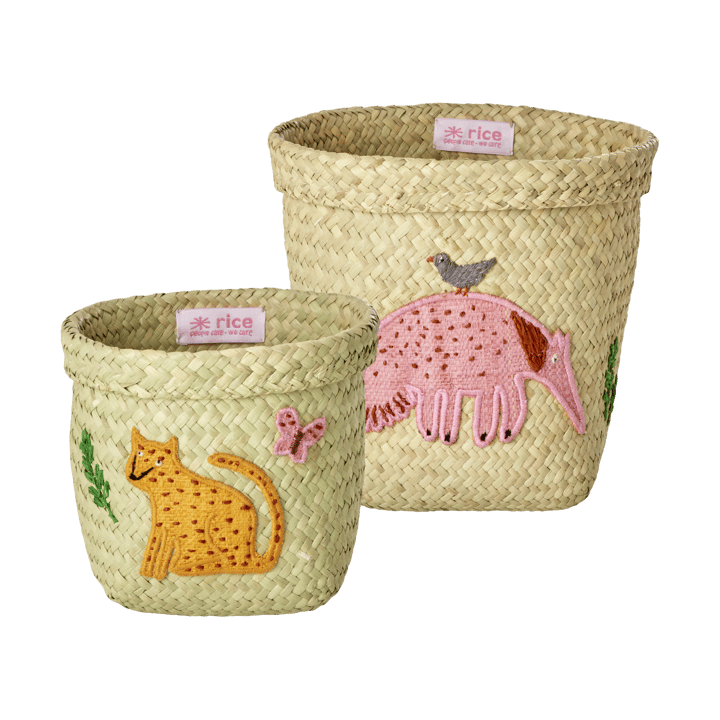 Rice Raffia Aufbewahrungskorb rund 2 Teile - Animal Embroidery-Pink-orange - RICE