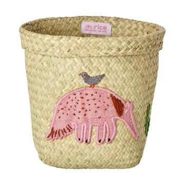 Rice Raffia Aufbewahrungskorb rund 2 Teile - Animal Embroidery-Pink-orange - RICE