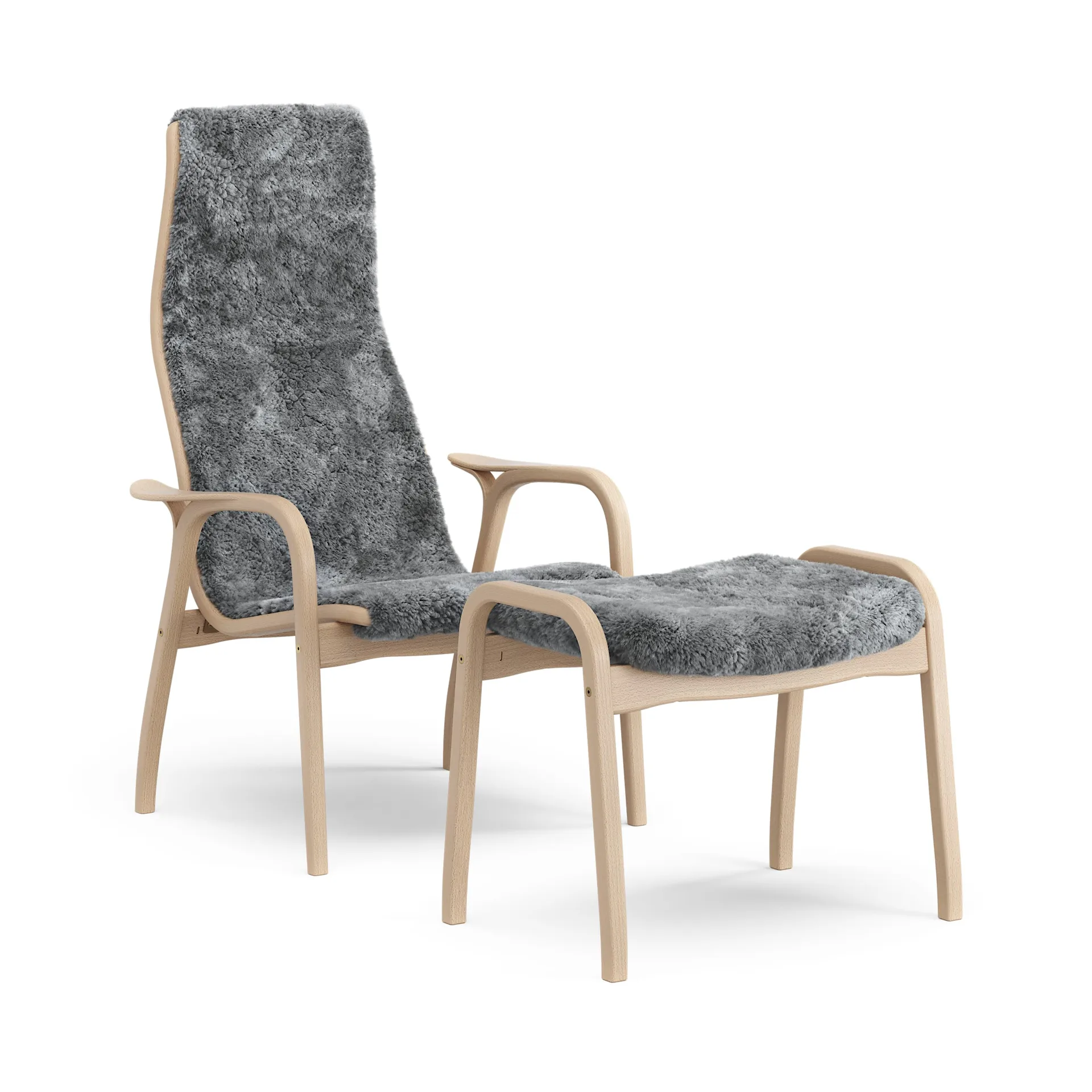 Lamino Sessel und Fußbank Buche lackiert/Schafsfell, Scandinavian Grey (Grau) Swedese