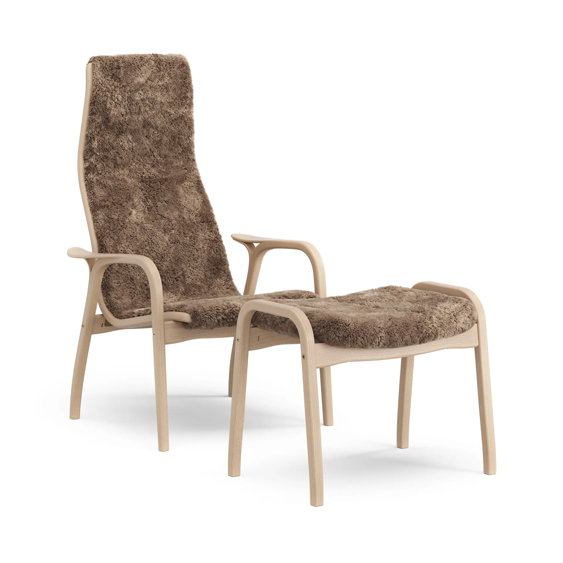 Lamino Sessel und Fußhocker lackierte Buche/Schaffell, Sahara (nougatbraun) Swedese