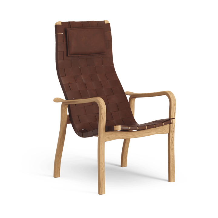Primo Sessel hoch mit Nackenkissen Eiche geölt - Riemen Leder braun-rot - Swedese