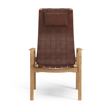 Primo Sessel hoch mit Nackenkissen Eiche geölt - Riemen Leder braun-rot - Swedese