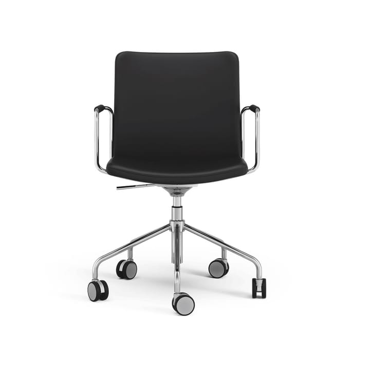 Stella Bürostuhl, höhenverstellbar mit Kippfunktion, Leder elmosoft 99999 Schwarz, Chromgestell, Lederbezogene Armlehne, bewegliche Rückenlehne Swedese