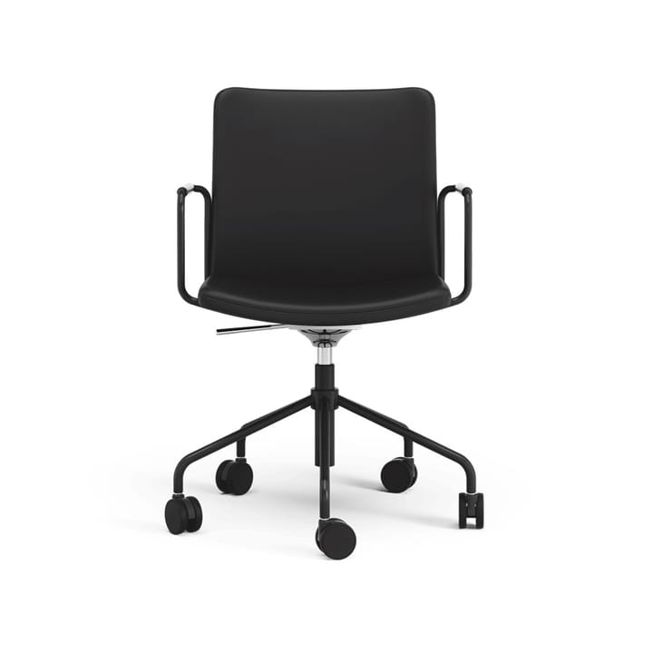 Stella Bürostuhl, höhenverstellbar mit Kippfunktion, Leder elmosoft 99999 Schwarz, Schwarzes Gestell, bewegliche Rückenlehne Swedese