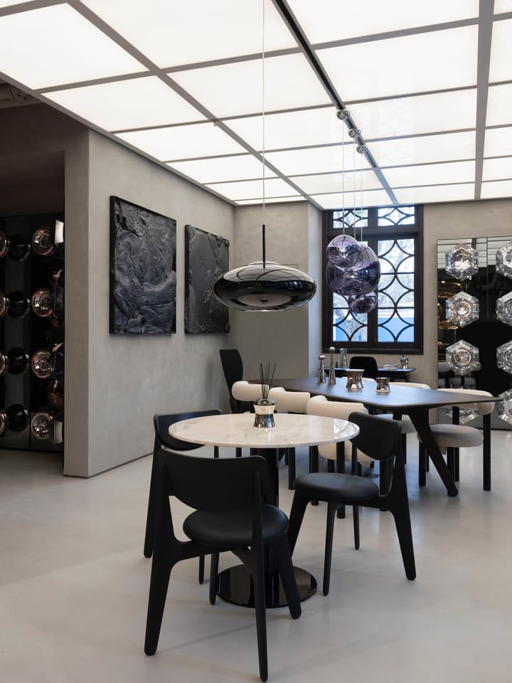 Slab Esszimmerstuhl gepolsterter Sitz, Black oak-black leather Tom Dixon