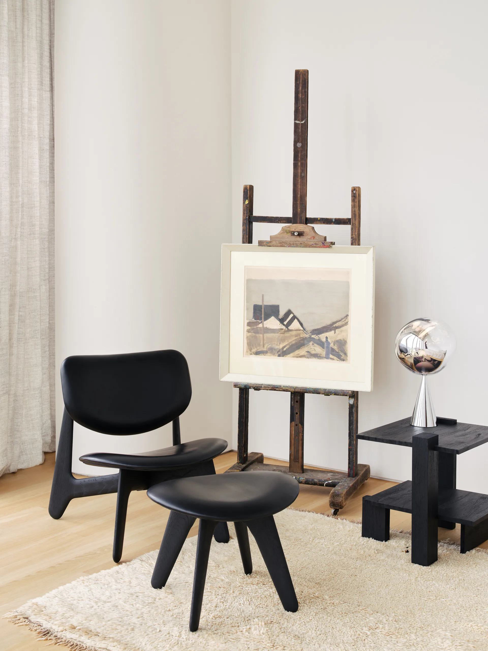 Slab Loungesessel gepolsterter Sitz, Black ash-black leather Tom Dixon