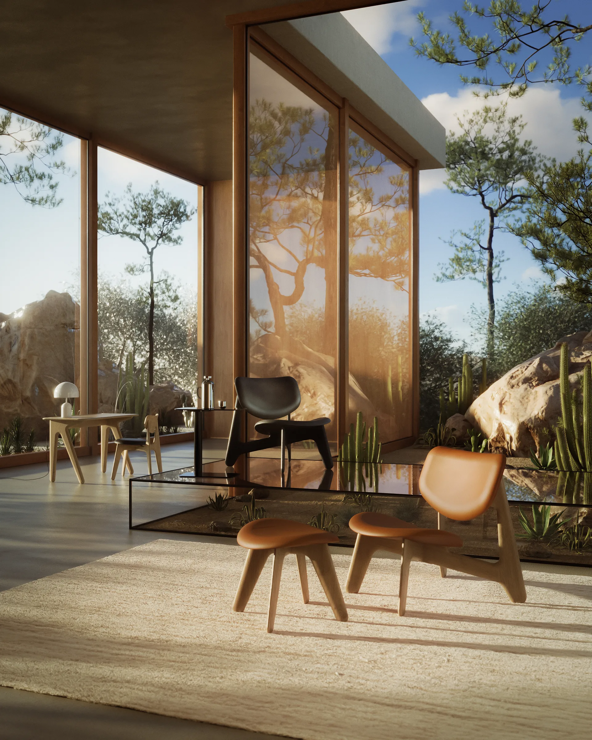 Slab Loungesessel gepolsterter Sitz, Natural oak-cognac leather Tom Dixon