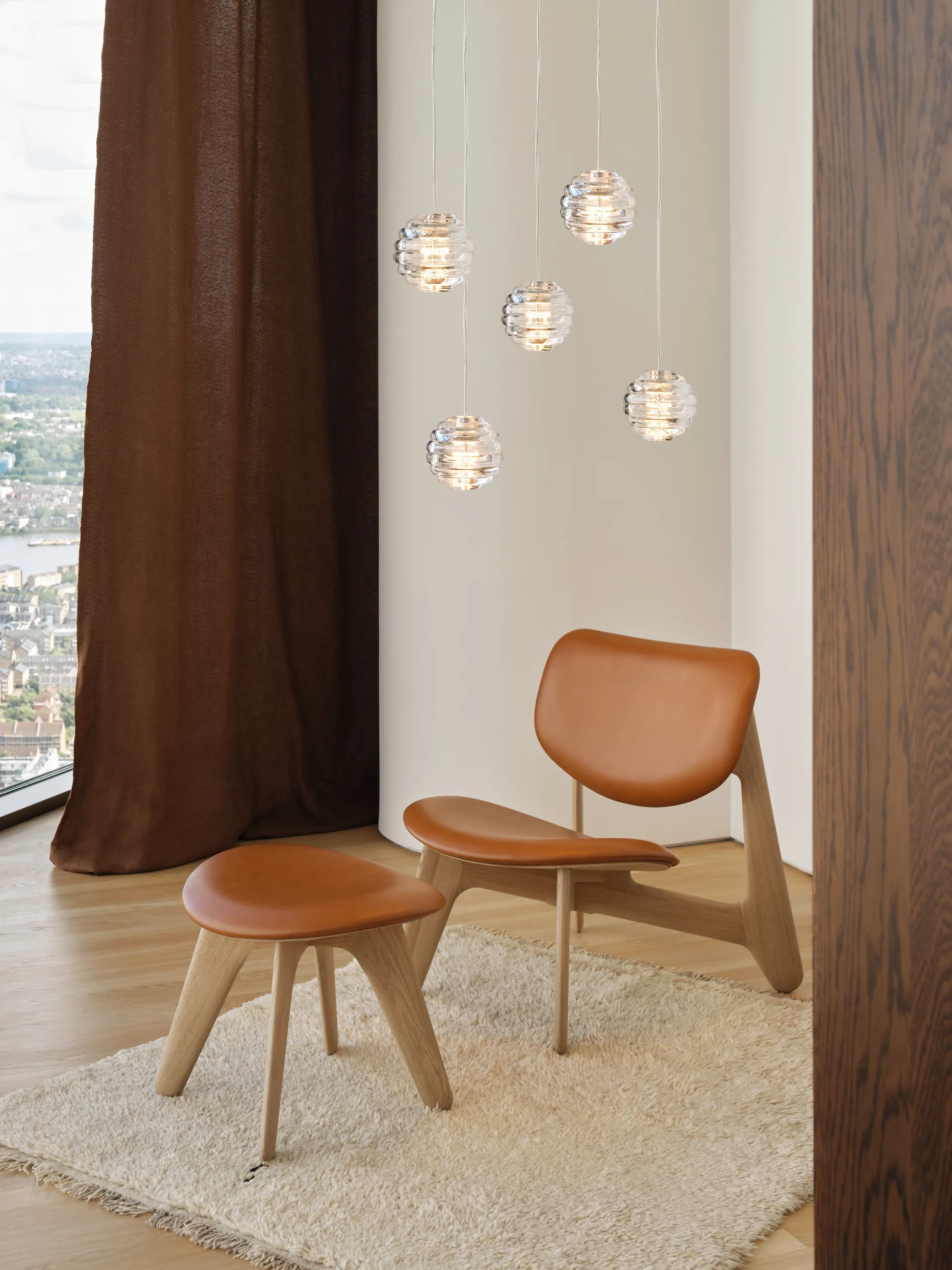 Slab Loungesessel gepolsterter Sitz, Natural oak-cognac leather Tom Dixon