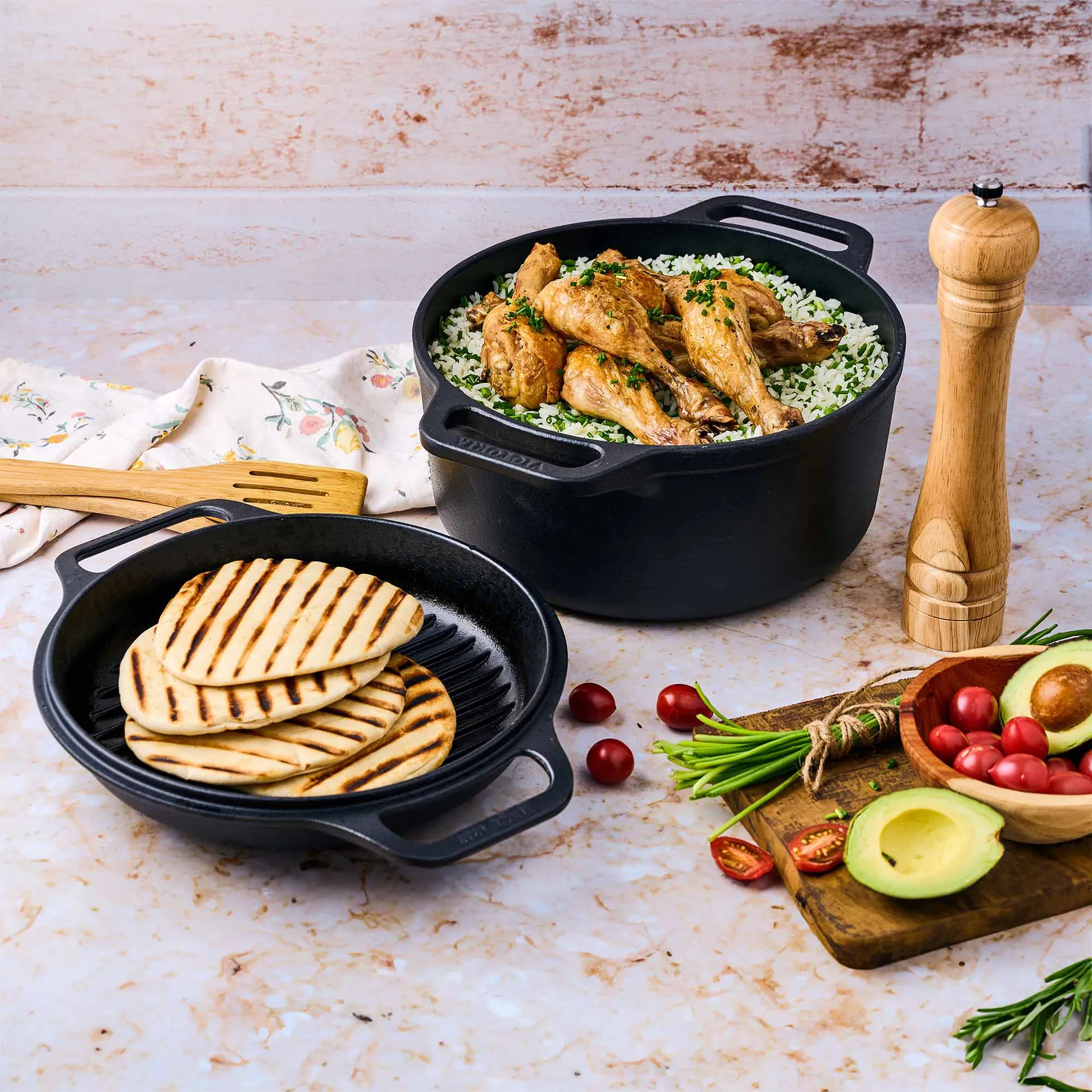 Combo Cooker Gusseisen-Topf-Pfannen-Set 2 Teile, Schwarz Victoria