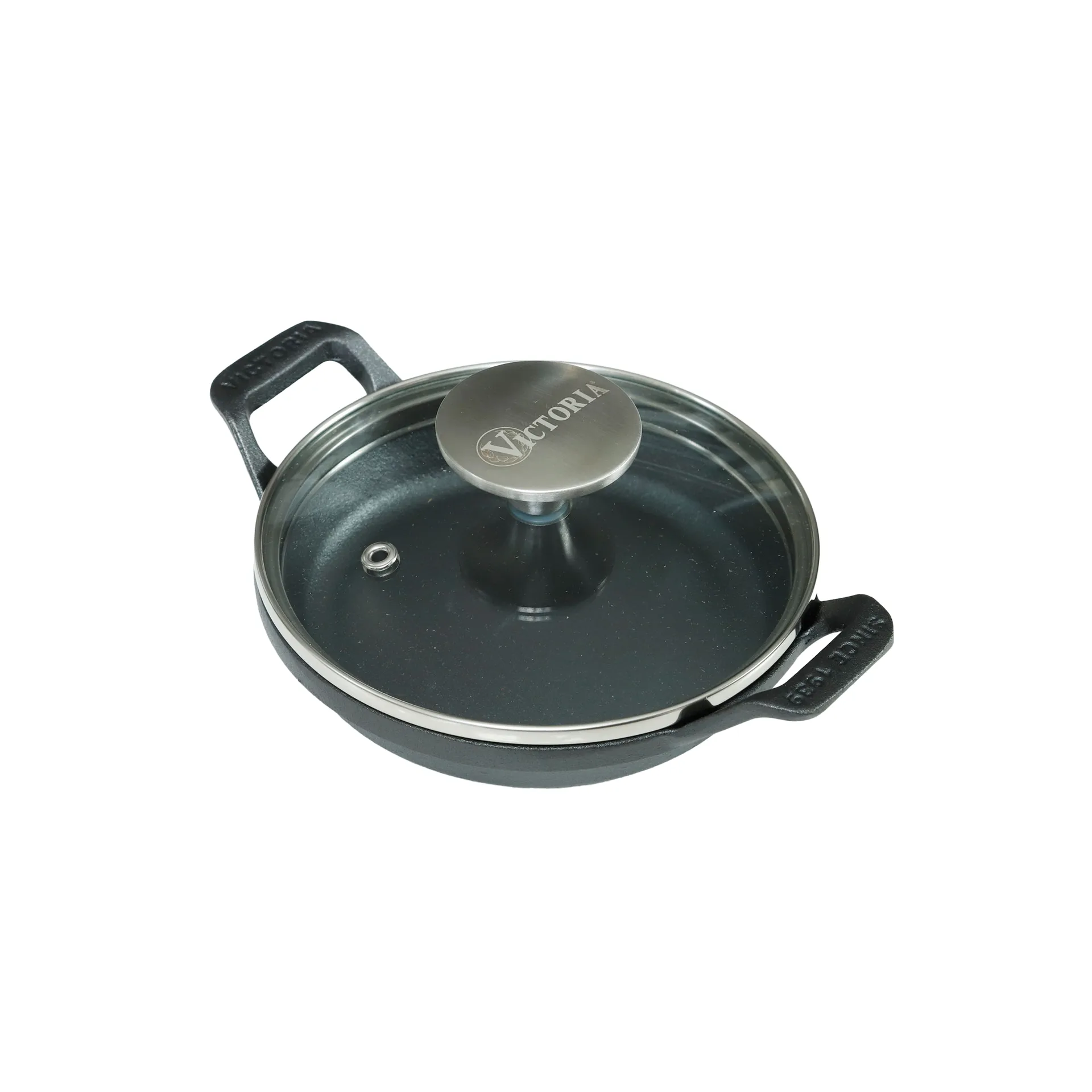 Mini runder Gusseisentopf mit Glasdeckel, vorgewürzt, Ø14 cm Victoria