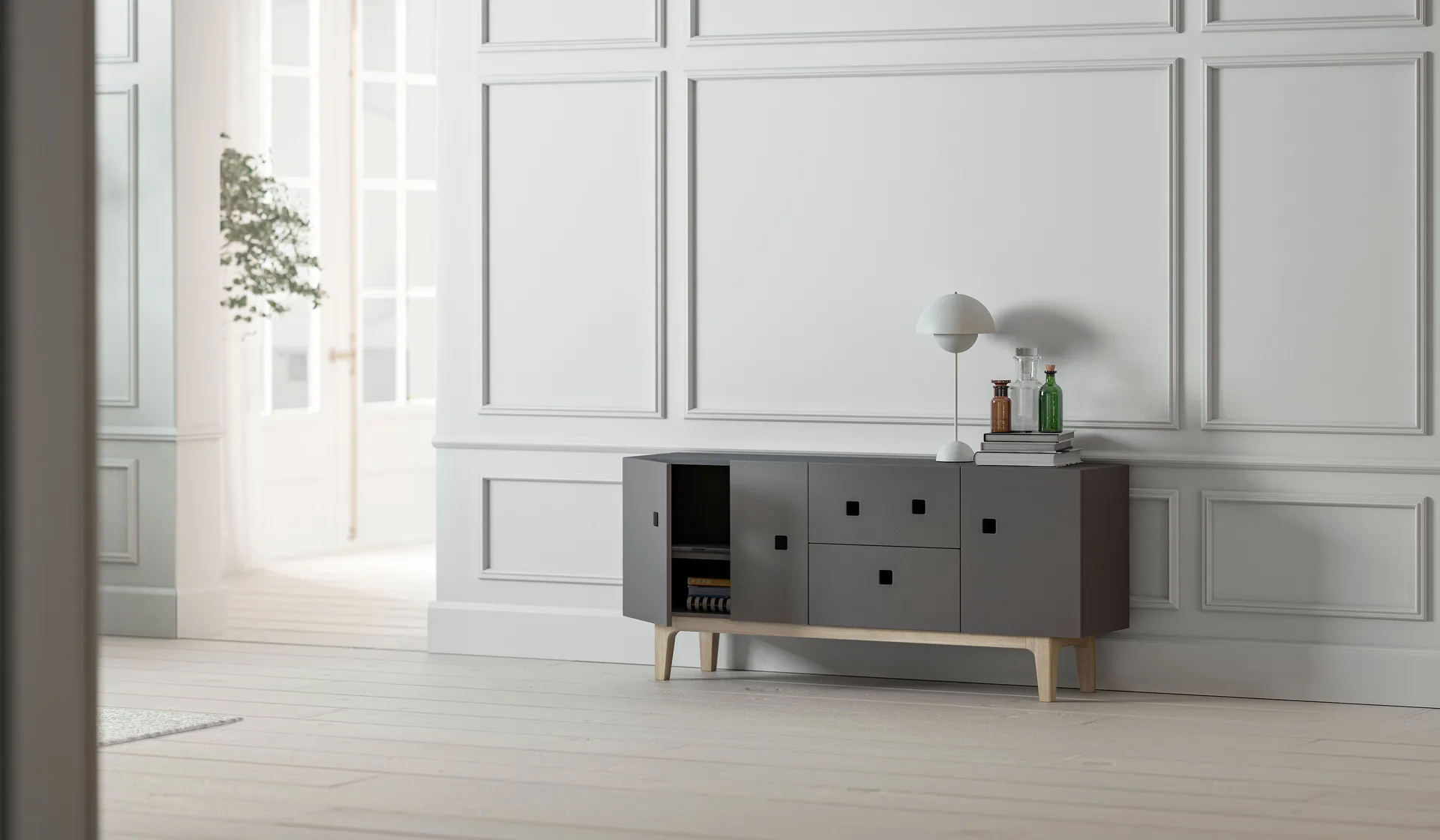 Peep M2 Tv-Bank, Slate grey, Eiche weiß pigmentiert Zweed