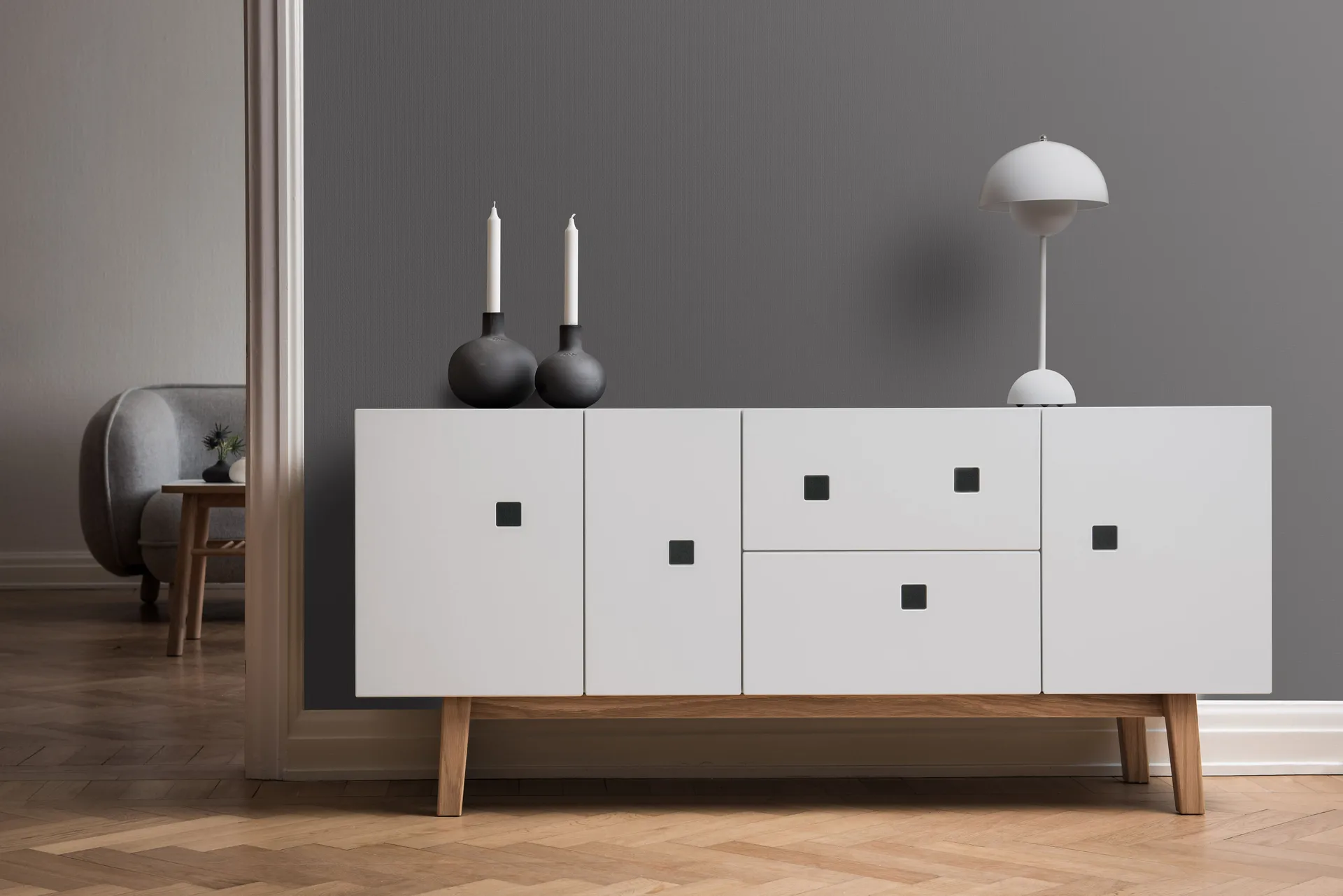 Peep M2 Tv-Bank, Weiß, retro, Eichengestell Zweed