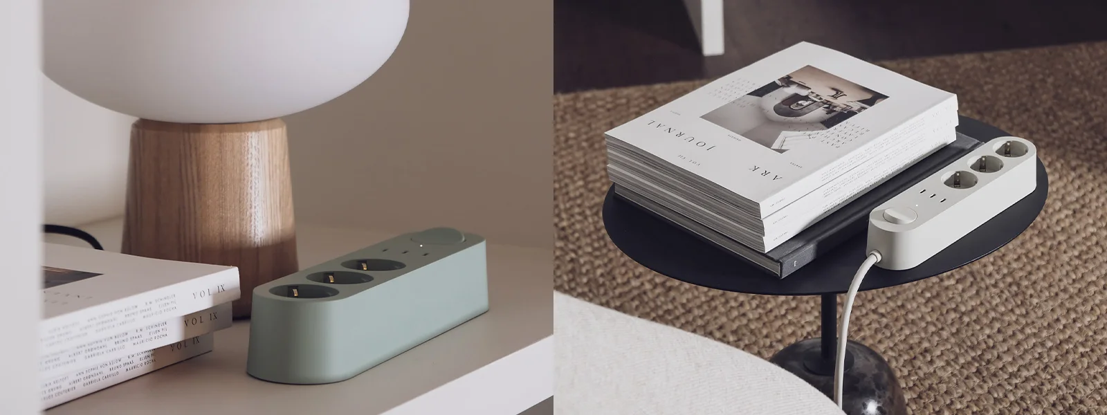 Zwei Steckdosenleisten in minimalistischen Umgebungen. Eine ist hellgrün, auf einem Regal mit Lampe und Büchern. Die andere ist hellgrau, auf einem Tisch mit Magazinen.