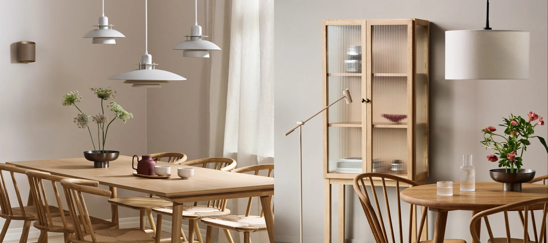 Hier sehen Sie zwei verschiedene Beleuchtungsideen für ein Esszimmer im Japandi-Stil, einmal einen langen Esstisch und einer Gruppe von Leuchten und einen runden Tisch und einer runden Lampe.