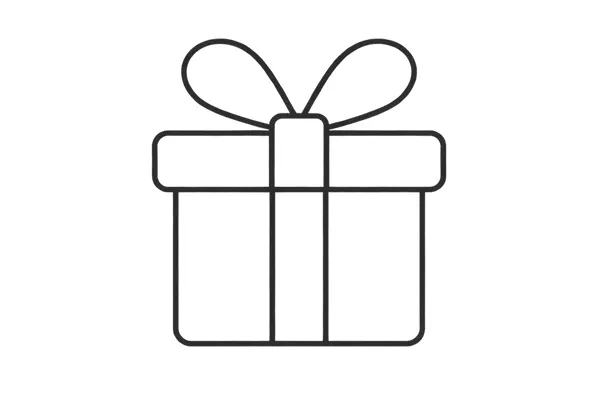 Umriss einer Geschenkbox mit einem Band und einer Schleife oben.