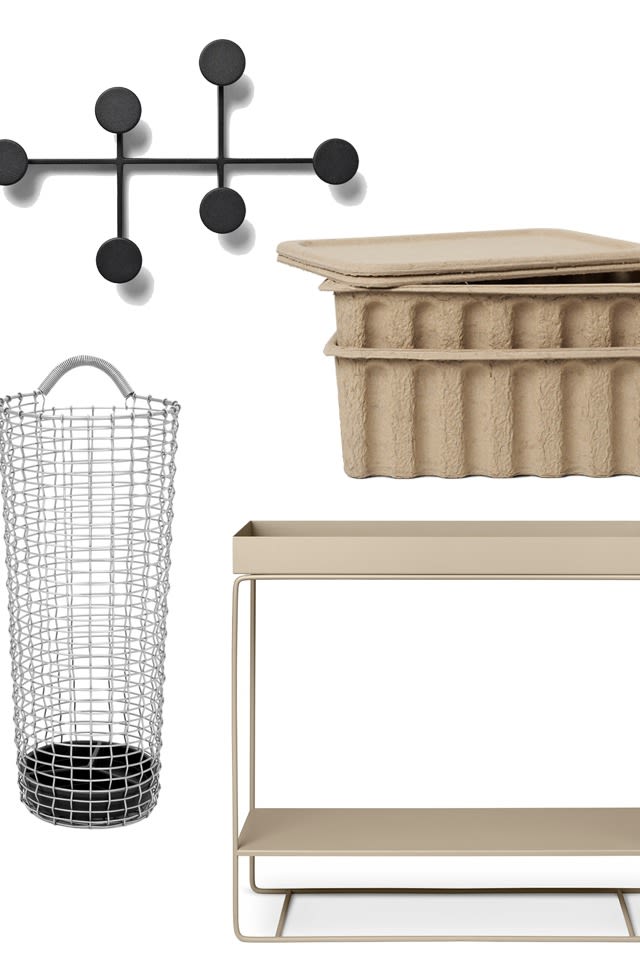 Collage von Aufbewahrungsmöbeln und Schubladen für den Flur wie Plant Box und Korbo Schirmständer, die perfekte Möglichkeiten für die Organisation Ihres Hauses sind. 
